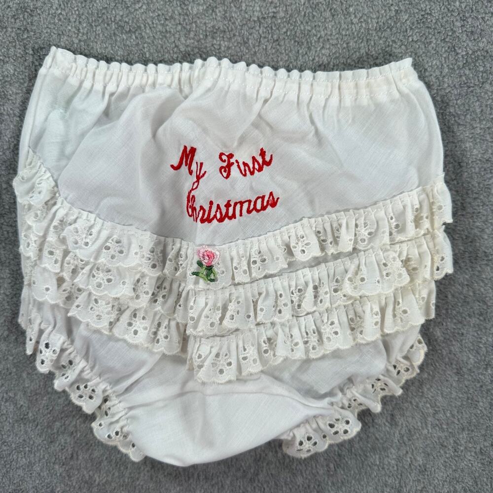 Vintage My First Christmas Bloomers Bottoms Size Large Pink White Eyelet Ruffle